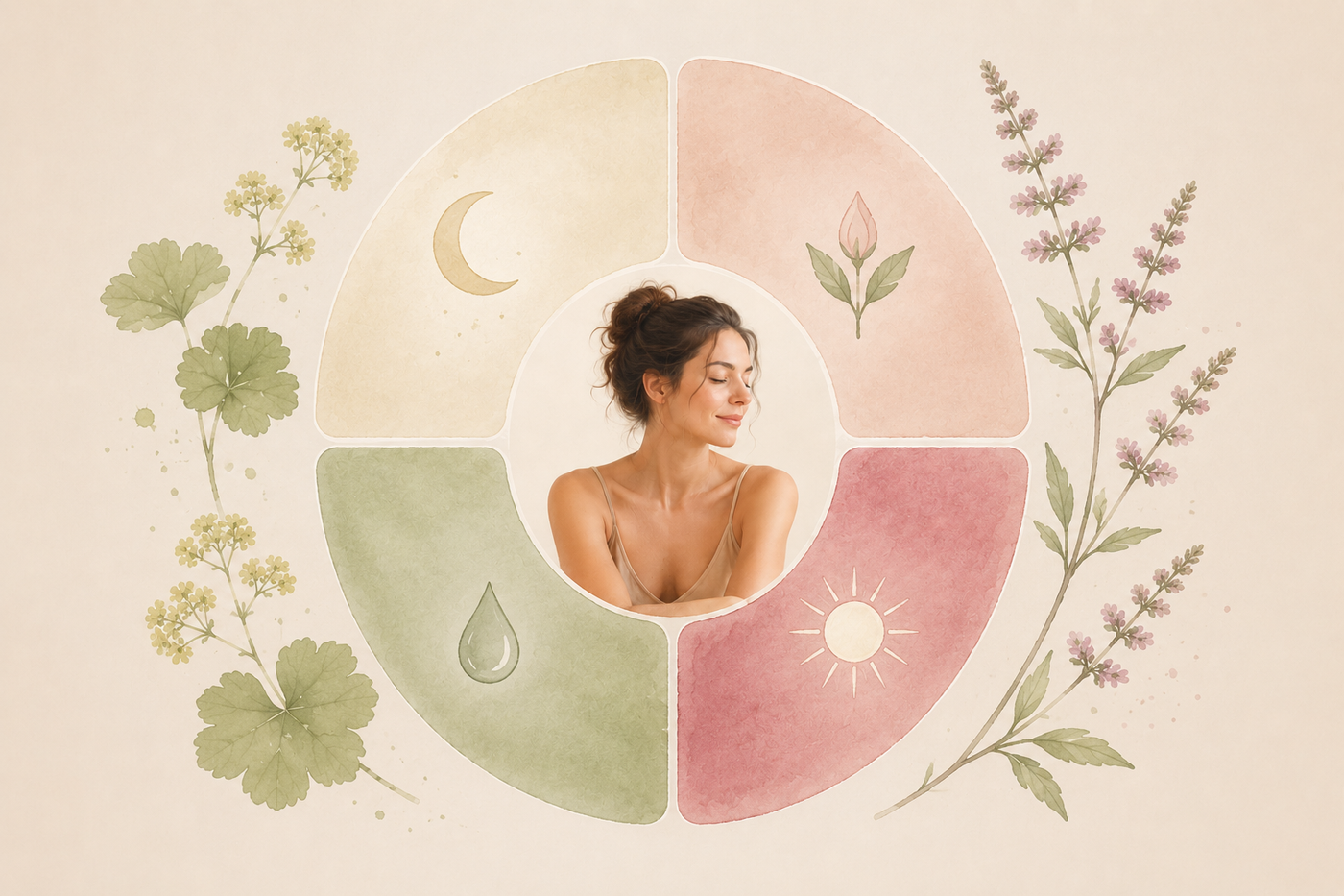 Edles vierteiliges Zyklusrad in Rosé-, Creme-, Altrosa- und Salbeitönen mit Symbolen für Mond, Knospe, Sonne und Tropfen. In der Mitte eine ruhige Frau als Symbol für den weiblichen Zyklus, umgeben von zarten botanischen Illustrationen auf hellem Beige-Hintergrund.