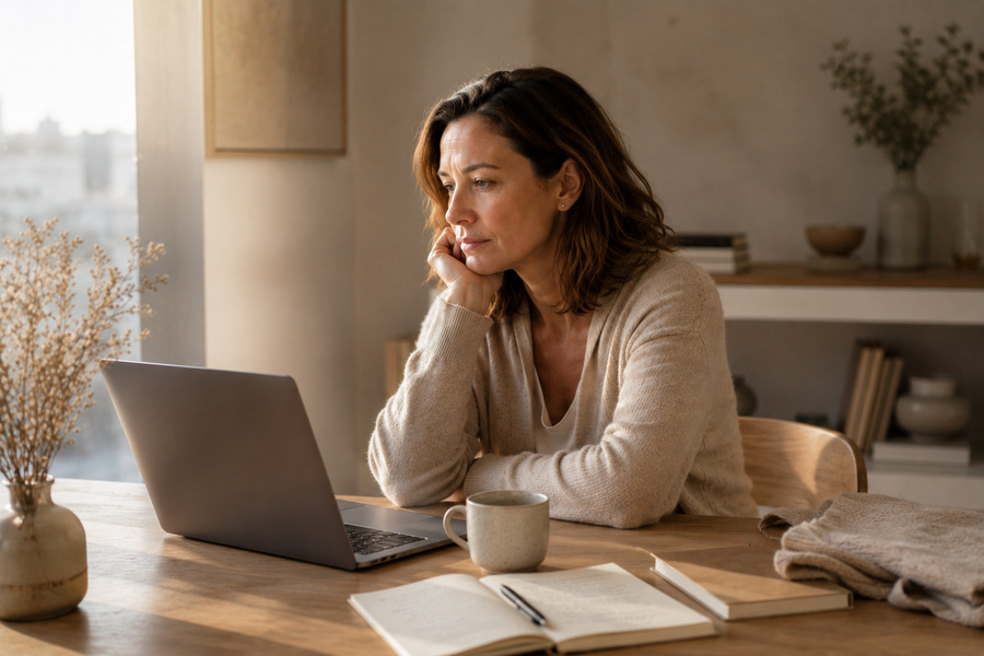 Frau sitzt nachdenklich am Laptop im Morgenlicht – EVIORA Balance-Check für hormonelle Veränderungen und innere Balance