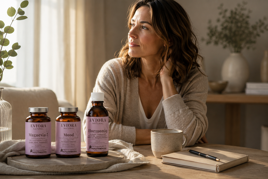Frau in ruhiger Morgenstimmung mit EVIORA Mood, Magnesia7 und Hormoniq – Premium Female Health aus der Apotheke