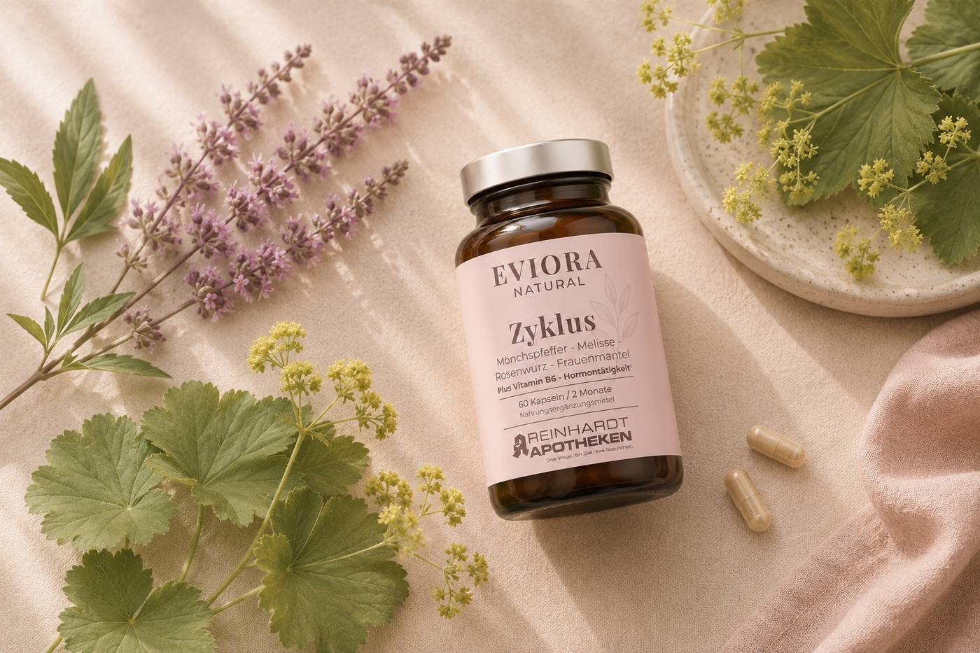 EVIORA Zyklus Nahrungsergänzungsmittel als Apotheken-Packshot auf hellem Beige-Untergrund, umgeben von Mönchspfeffer-Zweigen und Frauenmantelblättern. Botanisches Flatlay in sanften Rosé-, Creme- und Salbeitönen mit hochwertiger, natürlicher Apotheken-Ästhetik.