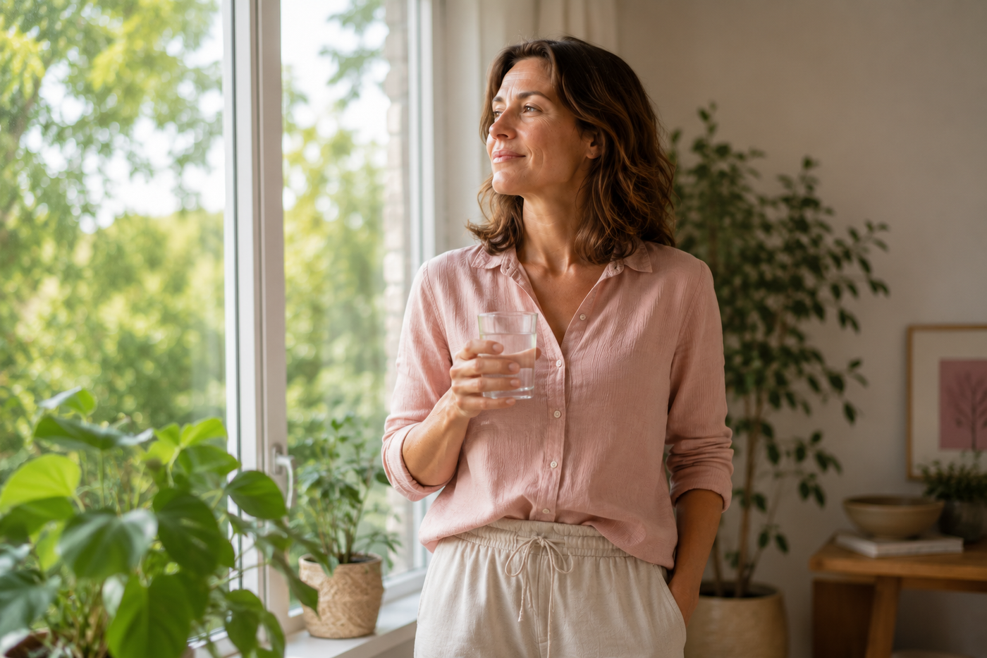 Frau steht bei hellem Tageslicht zwischen grünen Zimmerpflanzen und wirkt frisch, ausgeglichen und voller neuer Energie. Die natürliche Umgebung vermittelt Vitalität, Selbstvertrauen und Wohlbefinden.