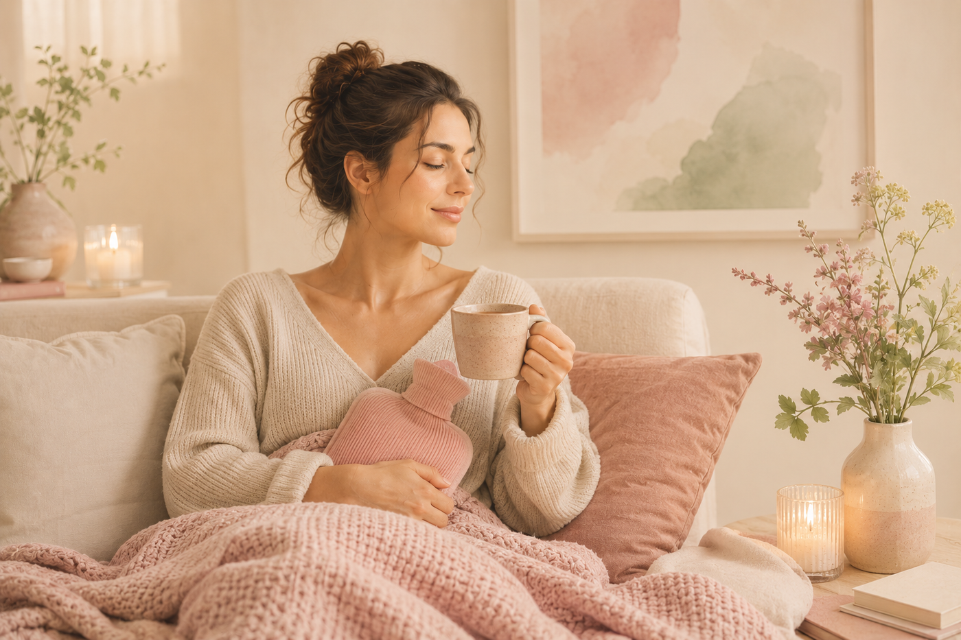 Gemütliche Wohlfühlszene mit weicher Strickdecke, warmer Tasse Kräutertee und roséfarbener Wärmflasche in sanften Beige-, Rosé- und Cremetönen. Eine entspannte Frau genießt einen Moment der Selbstfürsorge in ruhiger, harmonischer Atmosphäre.
