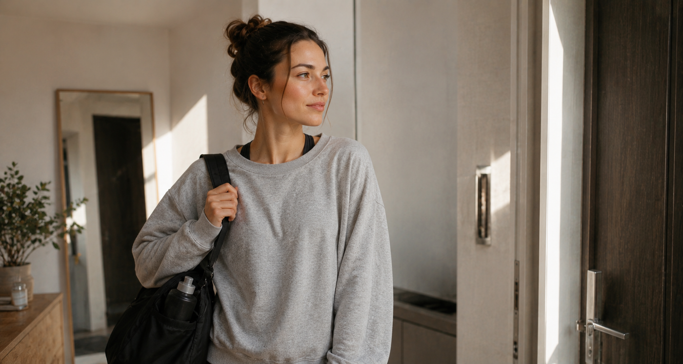 Junge Frau im hellen Jogginganzug mit Sporttasche auf dem Weg zum Training in warmer Morgenlichtstimmung vor modernem Gebäude. Ruhige, natürliche Female-Health-Editorial-Ästhetik.