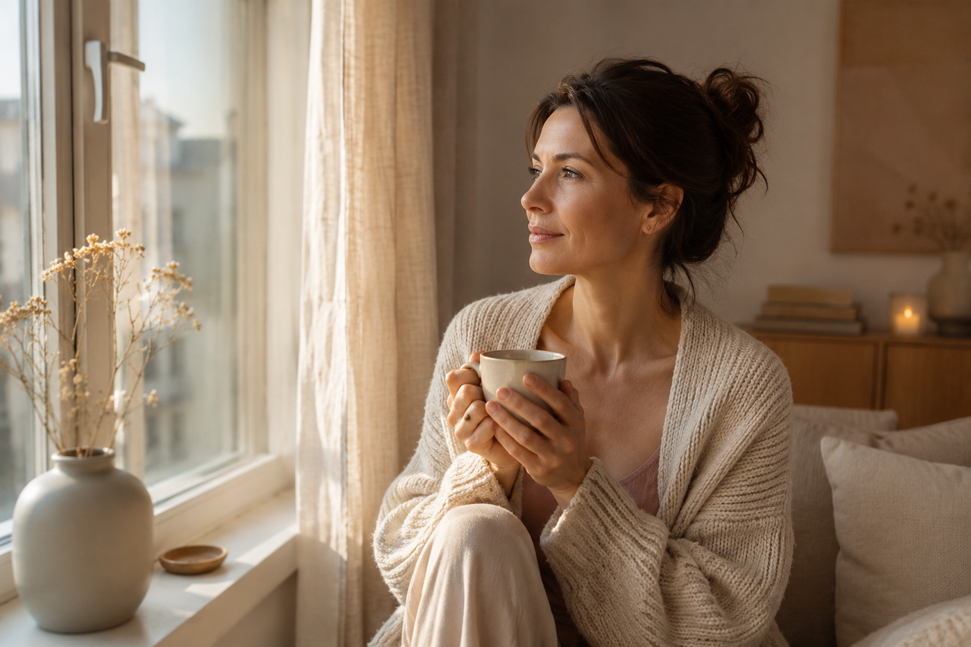 Frau in heller Morgenstimmung sitzt mit Tee am Fenster in ruhiger, warmer Wohnatmosphäre.