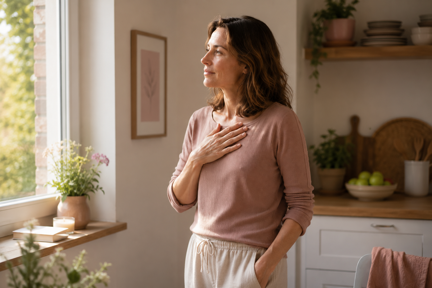 Frau steht in einer hellen Wohnküche am Fenster und legt achtsam eine Hand auf ihr Brustbein. Die warme Lichtstimmung vermittelt Ruhe, Körperbewusstsein und innere Balance.