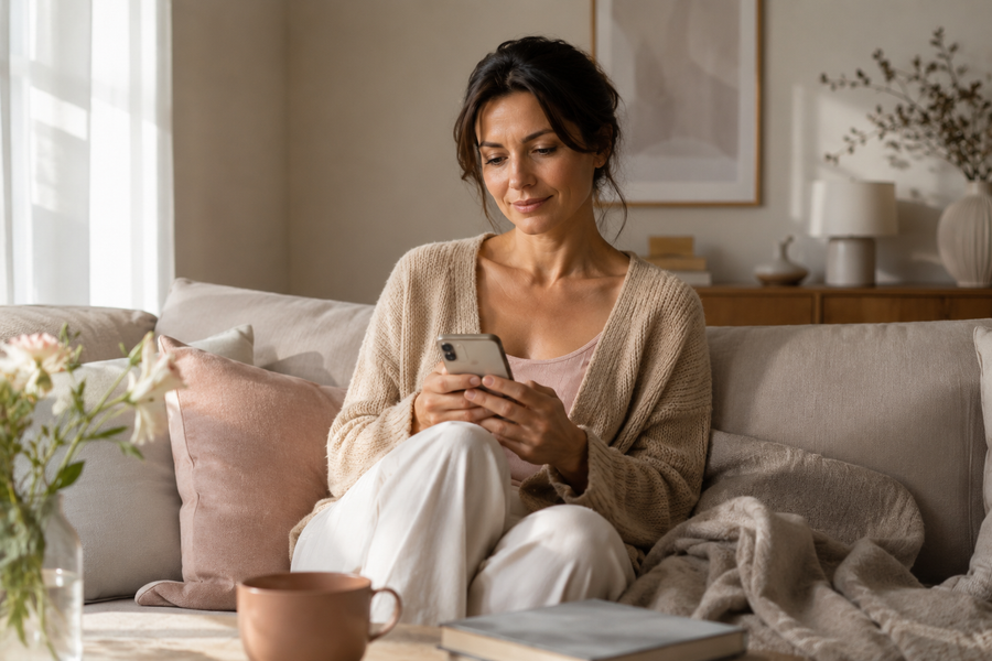 Frau sitzt entspannt auf einem Sofa mit Smartphone in warmer Wohnatmosphäre und natürlichem Tageslicht.