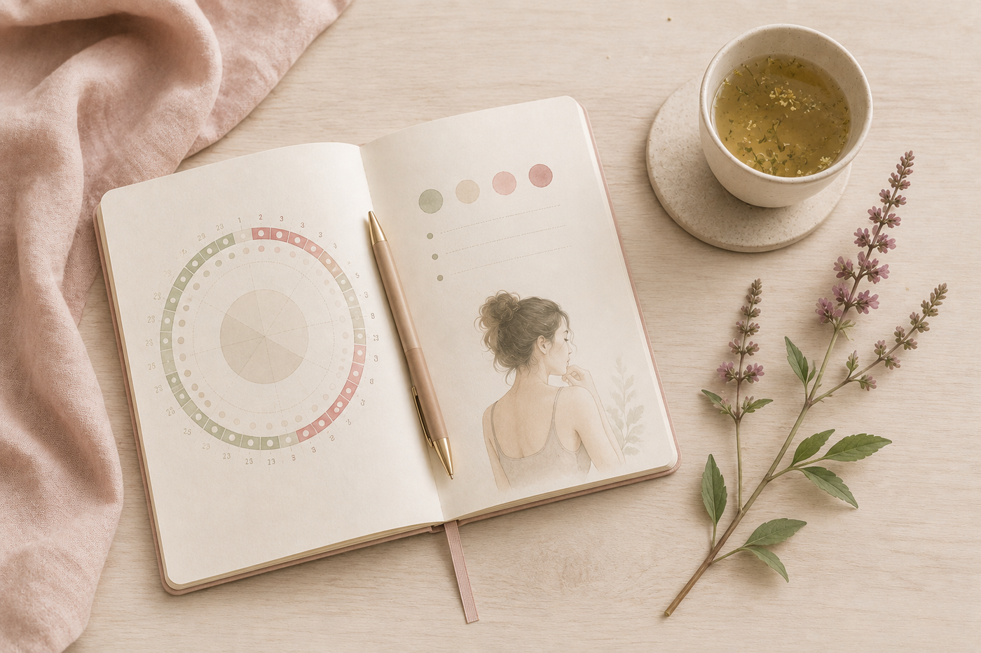 Aufgeschlagenes Zyklus-Journal auf hellem Holz- und Leinenhintergrund mit Stift, Kräutertee und botanischem Zweig in Rosé- und Salbeitönen. Die ruhige Komposition symbolisiert Zyklusbeobachtung, Selbstwahrnehmung und das Verständnis eines unregelmäßigen Menstruationszyklus.