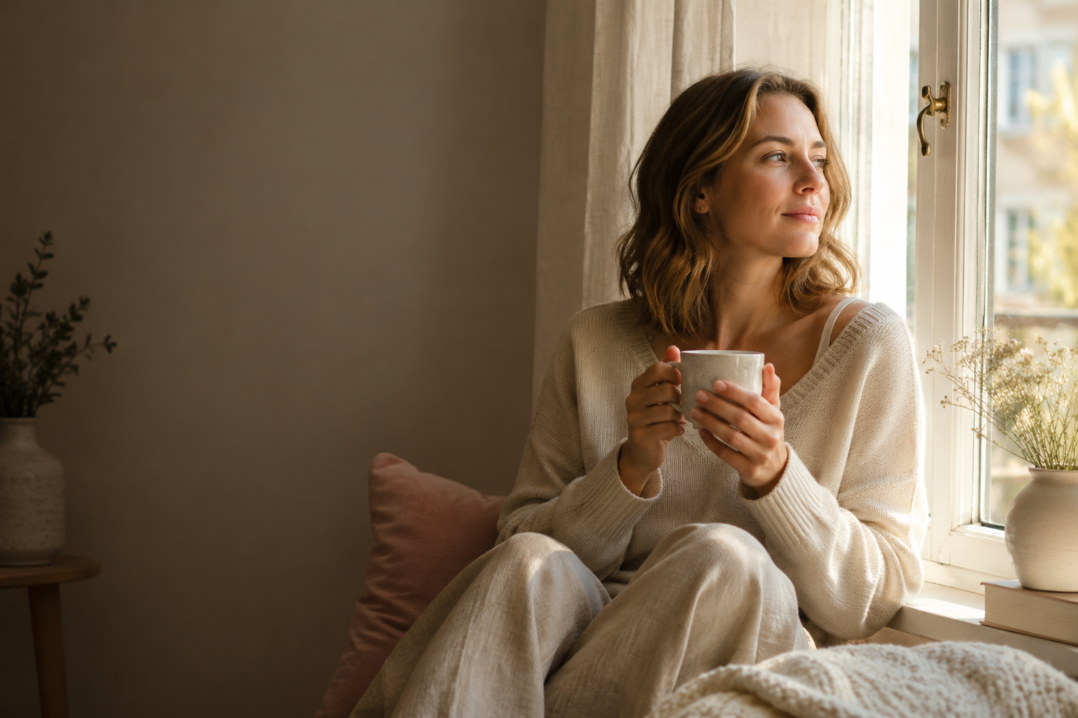 Frau sitzt morgens mit einer Tasse Kräutertee am Fenster und blickt entspannt ins Tageslicht einer ruhigen, warmen Wohnung.