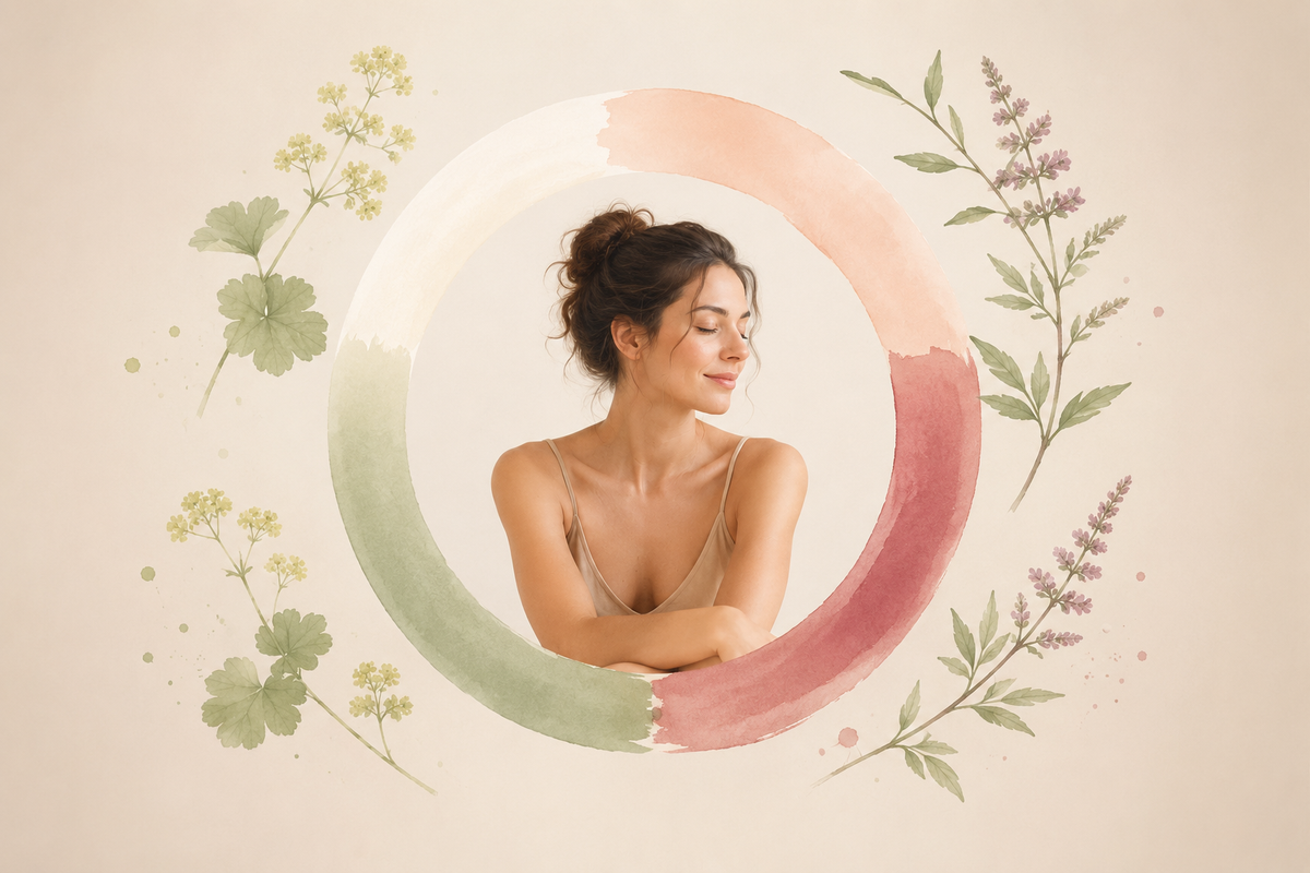 Elegante Zyklusdarstellung mit einer Frau in der Mitte eines sanften Aquarellrings in Rosé-, Creme- und Salbeitönen, umgeben von Frauenmantel und Mönchspfeffer auf warmem Beige-Hintergrund. Symbolisiert die vier Phasen des weiblichen Zyklus.