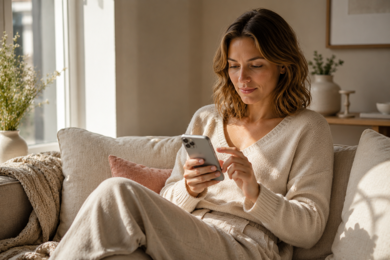 Frau sitzt morgens auf einem hellen Sofa und liest konzentriert Inhalte auf ihrem Smartphone im warmen Tageslicht einer ruhigen Wohnung.